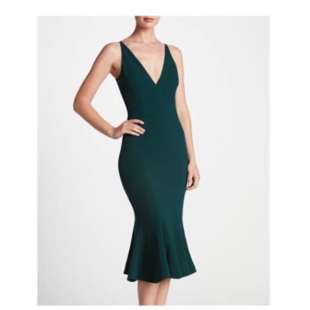 Dress The Population Isabelle Crepe Mermaid Green Cocktail Dress Plunge V-Neck